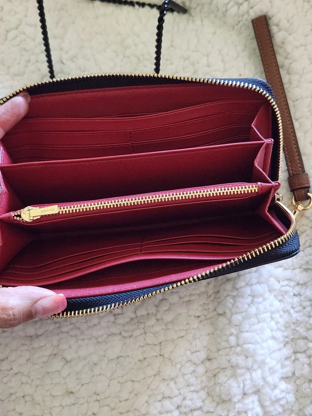 Coach Black Pebbled Leather Wallet/Wristlet with Brown Strap